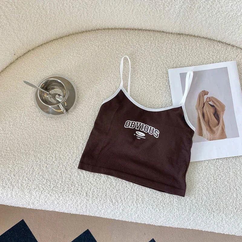 Crop top na ramiączkach z wyjmowanym biustonoszem Kawa