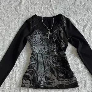 Crop top vintage punk w stylu gotyckim Y2K Czarny