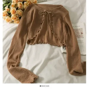 Crop top z wiązaniem i długim rękawem — koreańska estetyka Brązowy
