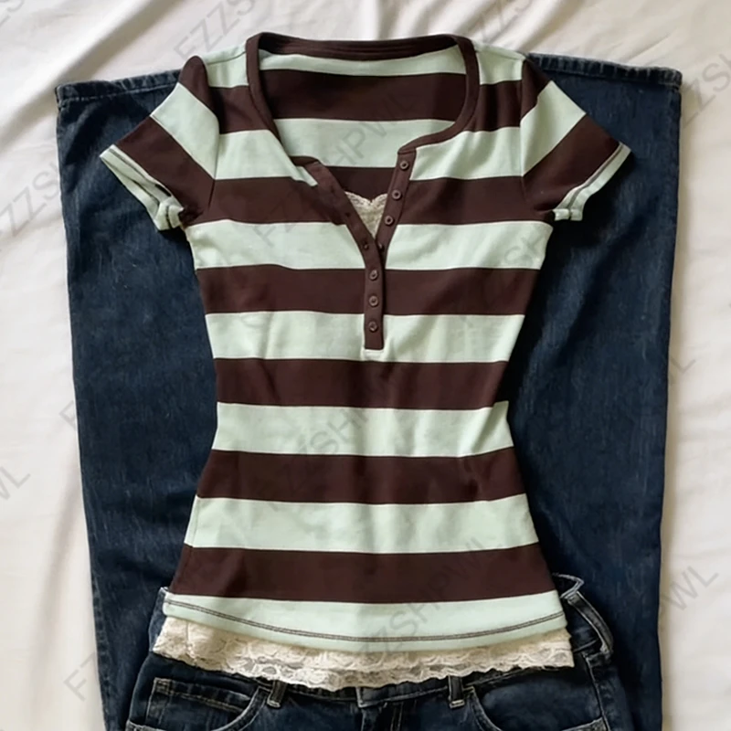 Crop top Y2K w paski imitacja zestawu dwuczęściowego Ciemny brąz