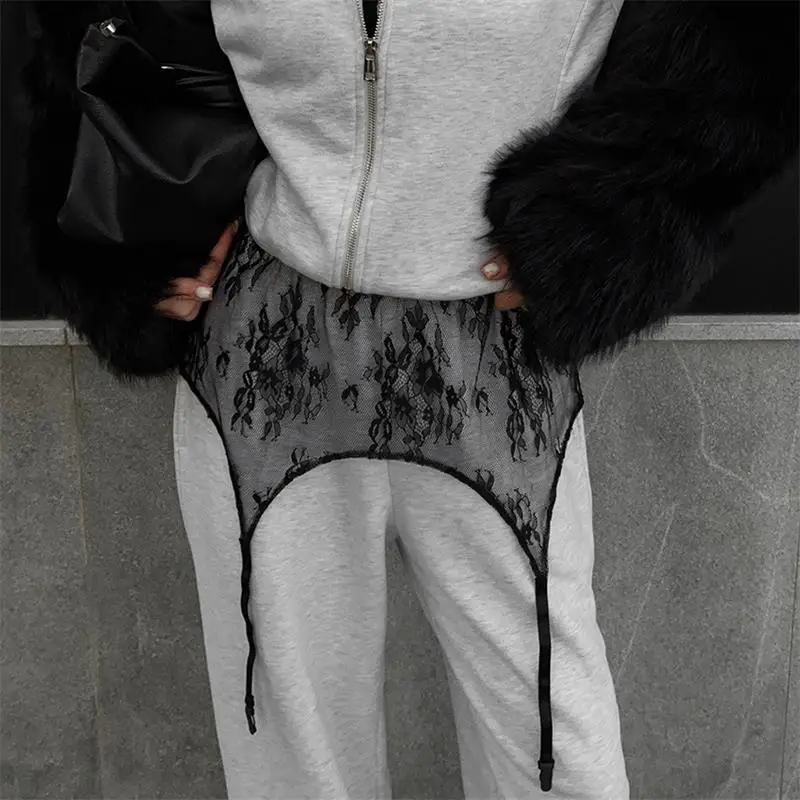 Czarna koronkowa mini spódnica prześwitująca streetwear Czarny