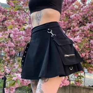 Czarna mini spódnica Gothic Harajuku z bandażem – Punk patchwork Czarny