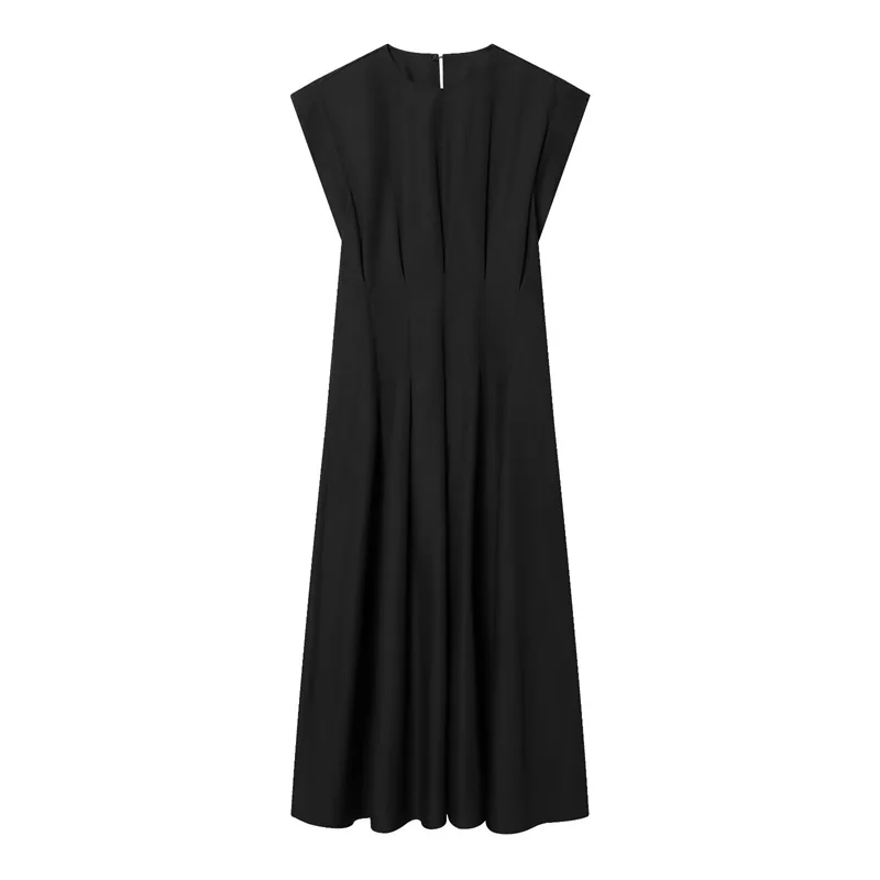 Czarna plisowana sukienka midi z krótkim rękawem elegancka Czarny