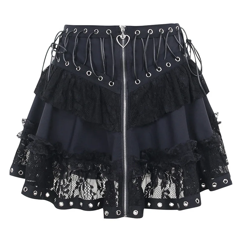 Czarna spódnica Harajuku punk z zamkiem z przodu — gothic mini Czarny