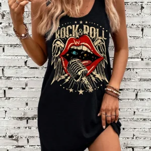 Czarna sukienka na ramiączkach z wzorem ust punk Czarny