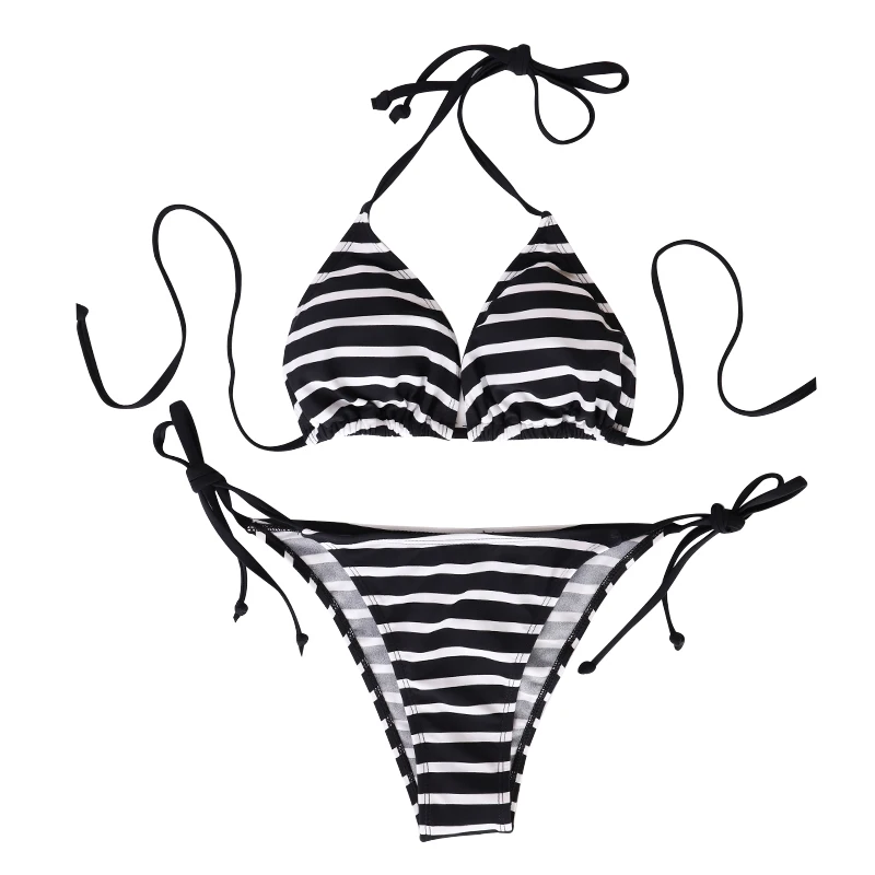 Czarne bikini w paski bandaż trójkątny dwuczęściowy strój Czarny