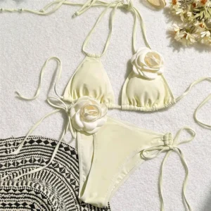 Czarne bikini z kwiatem 3D stringi halter Kolba
