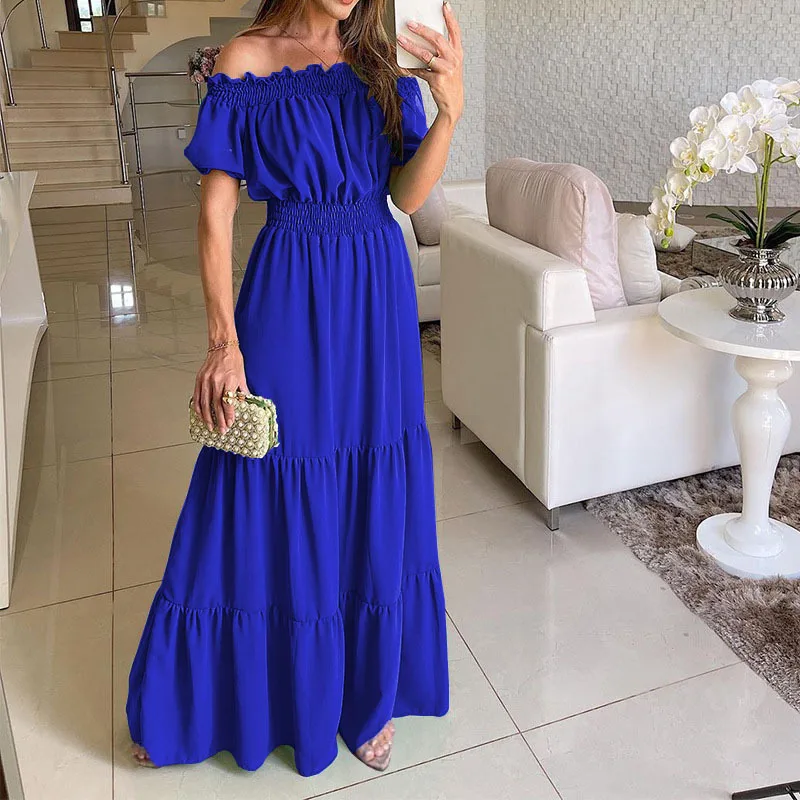Czerwona sukienka maxi boho z krótkim rękawem Cytrynowy żółty