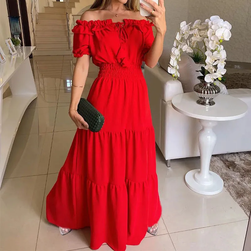 Czerwona sukienka maxi boho z krótkim rękawem Czerwony