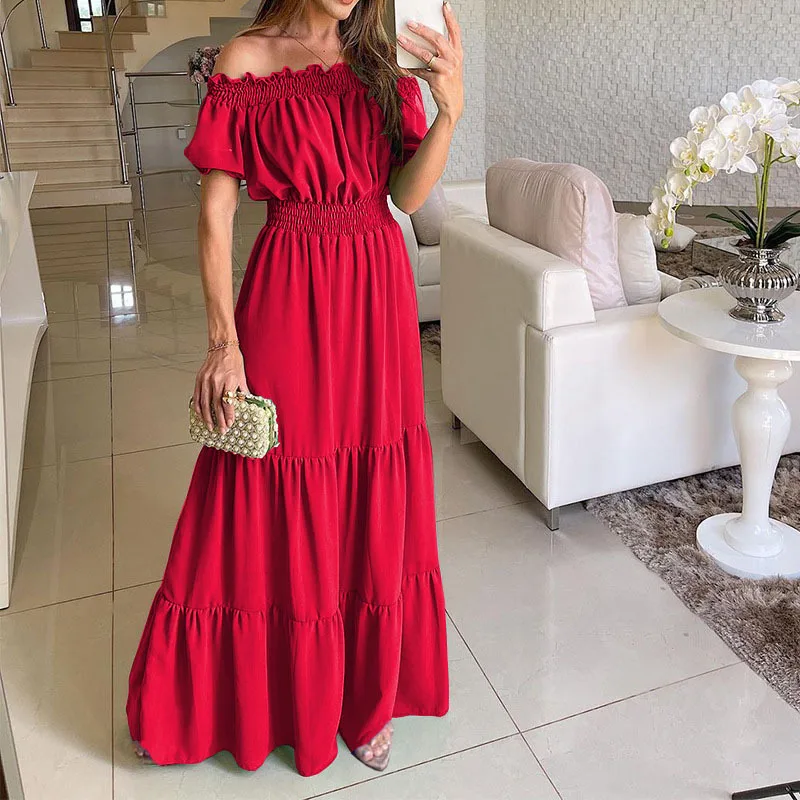 Czerwona sukienka maxi boho z krótkim rękawem Fluoresceyna