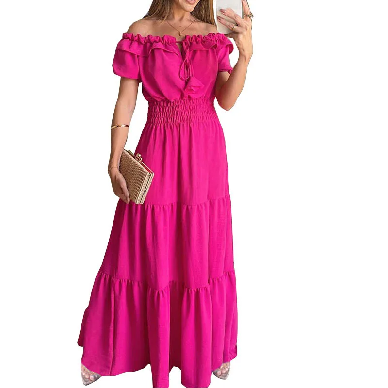 Czerwona sukienka maxi boho z krótkim rękawem Róża czerwona