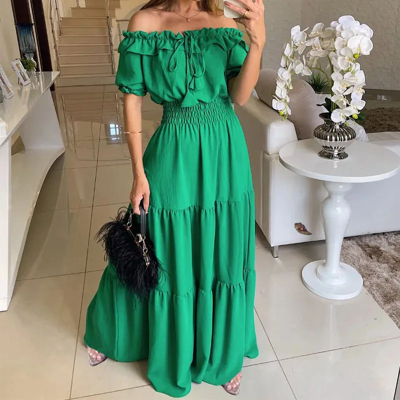Czerwona sukienka maxi boho z krótkim rękawem Zielony