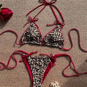 Czerwone bikini z lamparcim wzorem push-up halter string Beżowy
