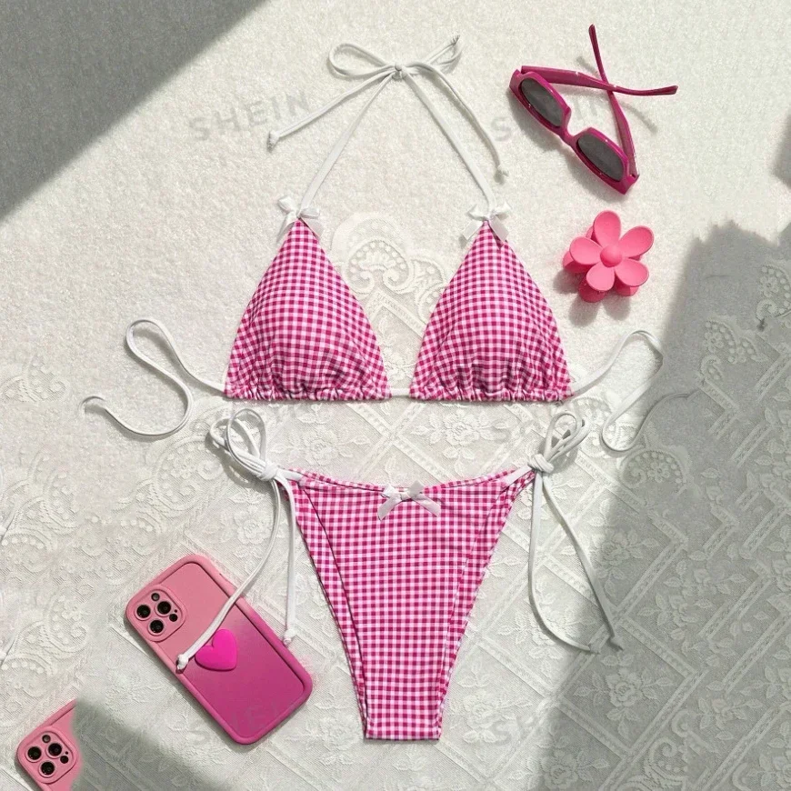 Czerwone mikro bikini w kratę ze sznurowaniem i stringami Różowy