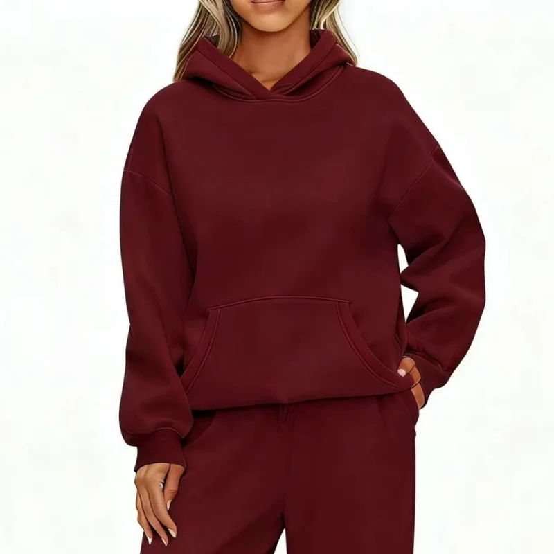Damska bluza z kapturem na jesień i zimę w stylu casual Burgundia
