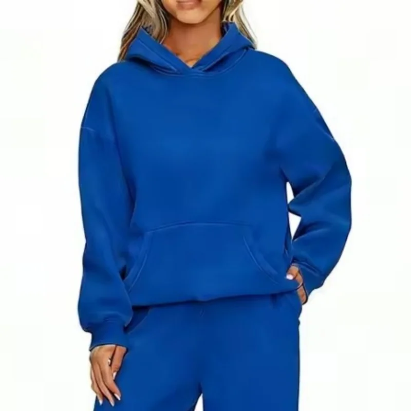 Damska bluza z kapturem na jesień i zimę w stylu casual Królewski niebieski