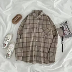 Damska koszula w kratę oversize z długim rękawem Khaki