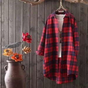 Damska koszula w kratę plus size 3XL, luźny krój Brązowy