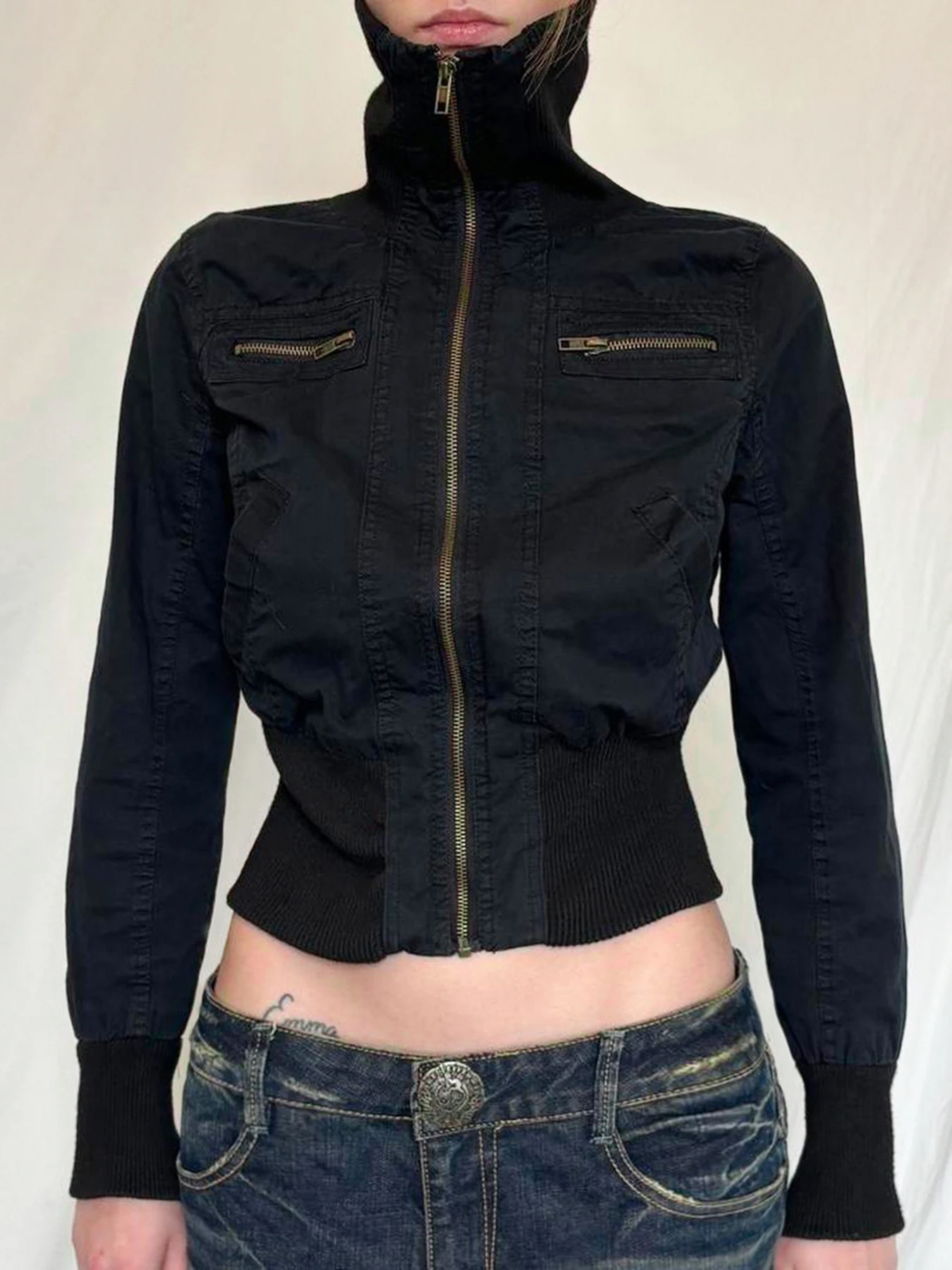 Damska krótka kurtka vintage w stylu Y2k Szary