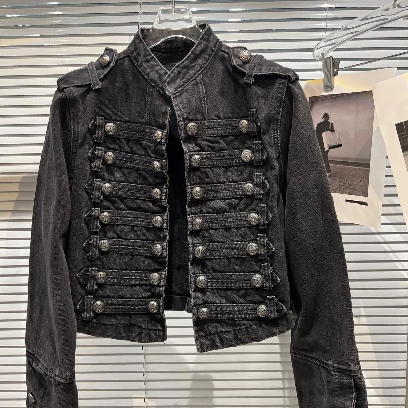 Damska kurtka jeansowa w stylu vintage ze stójką Czarny