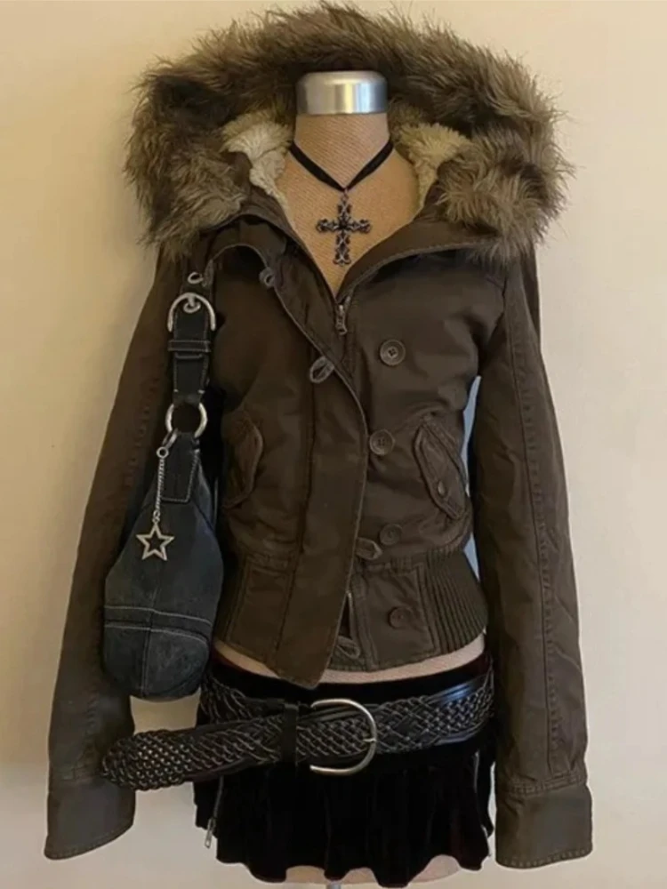 Damska kurtka safari z kapturem w stylu vintage Harajuku Błękitny