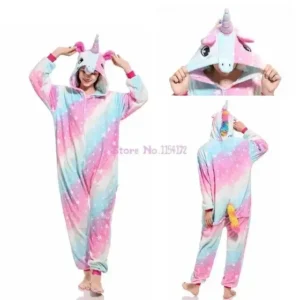 Damska piżama kigurumi onesie jednorożec - flanela z kapturem Fuksja