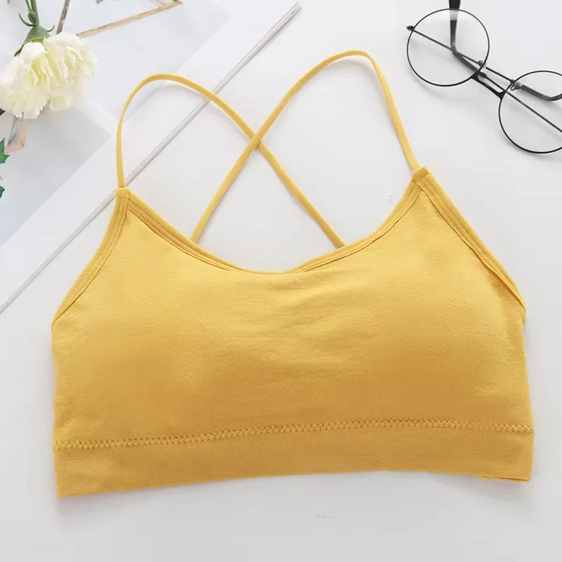 Damski biustonosz sportowy push-up z krzyżowanymi plecami żółty