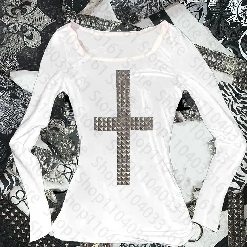 Damski crop top z długim rękawem w stylu gotyckim Y2K Beżowy