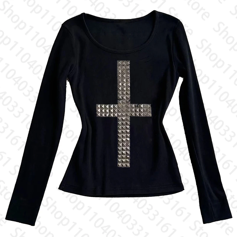 Damski crop top z długim rękawem w stylu gotyckim Y2K Czarny