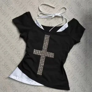 Damski crop top z długim rękawem w stylu gotyckim Y2K Złoto