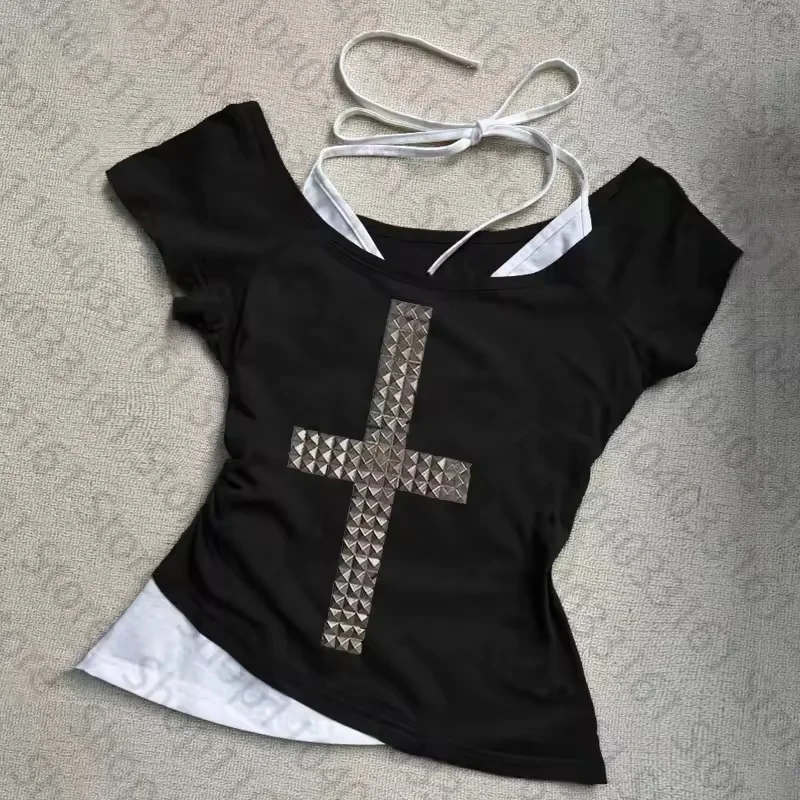 Damski crop top z długim rękawem w stylu gotyckim Y2K Złoto
