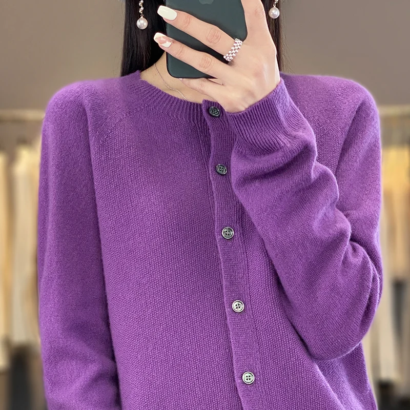 Elegancki damski kardigan z wełny merino Fioletowy