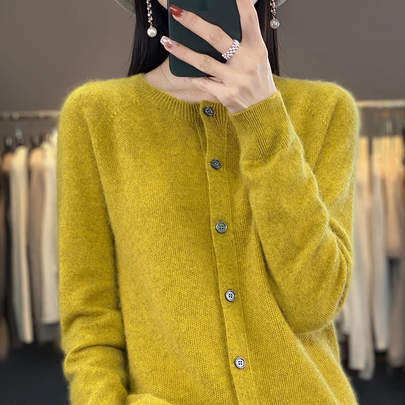 Elegancki damski kardigan z wełny merino żółty