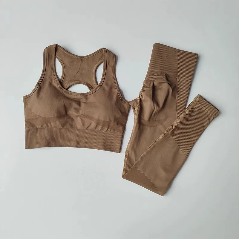 Damski komplet fitness – biustonosz i legginsy Brązowy
