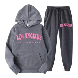 Damski komplet streetwear z bluzą i spodniami — napis Los Angeles California Brązowy