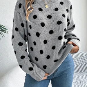Damski sweter dzianinowy w kropki z rękawem typu latarnia Szary