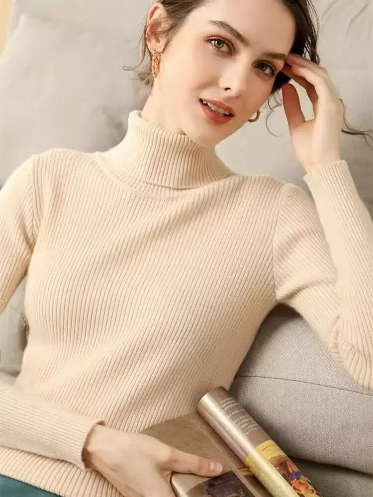 Damski sweter z golfem w stylu koreańskim Morelowy