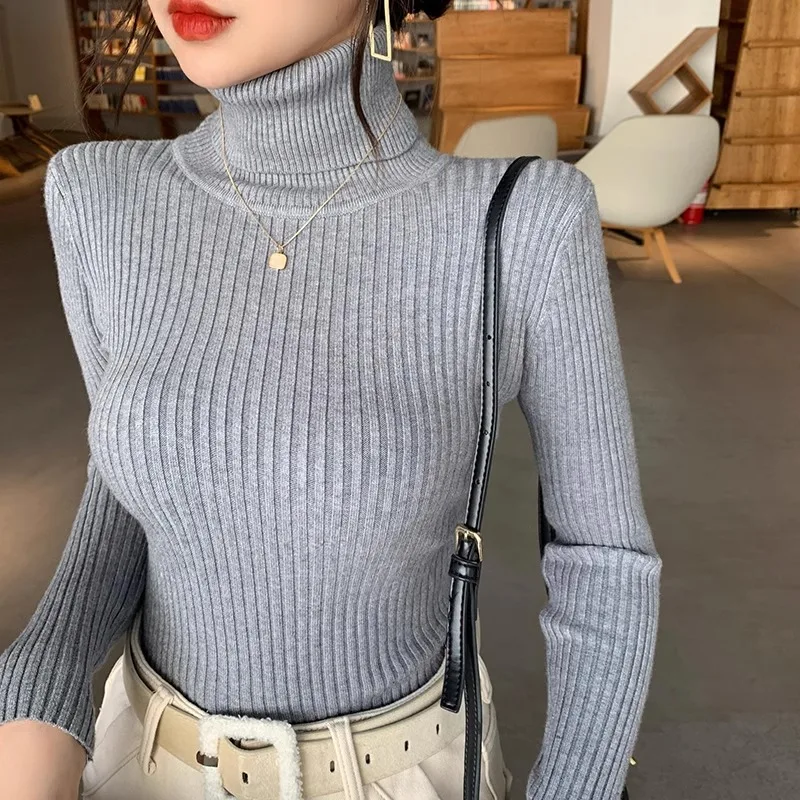 Damski sweter z golfem w stylu koreańskim Szary