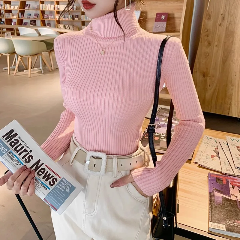 Damski sweter z golfem w stylu koreańskim Różowy