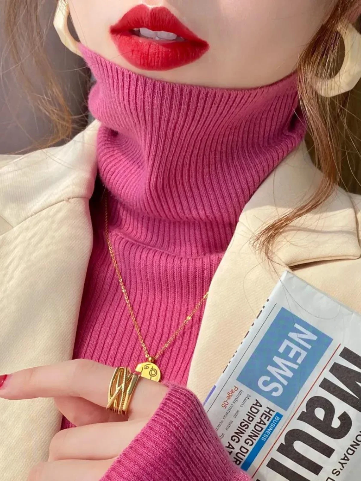 Damski sweter z golfem w stylu koreańskim Amarantowy