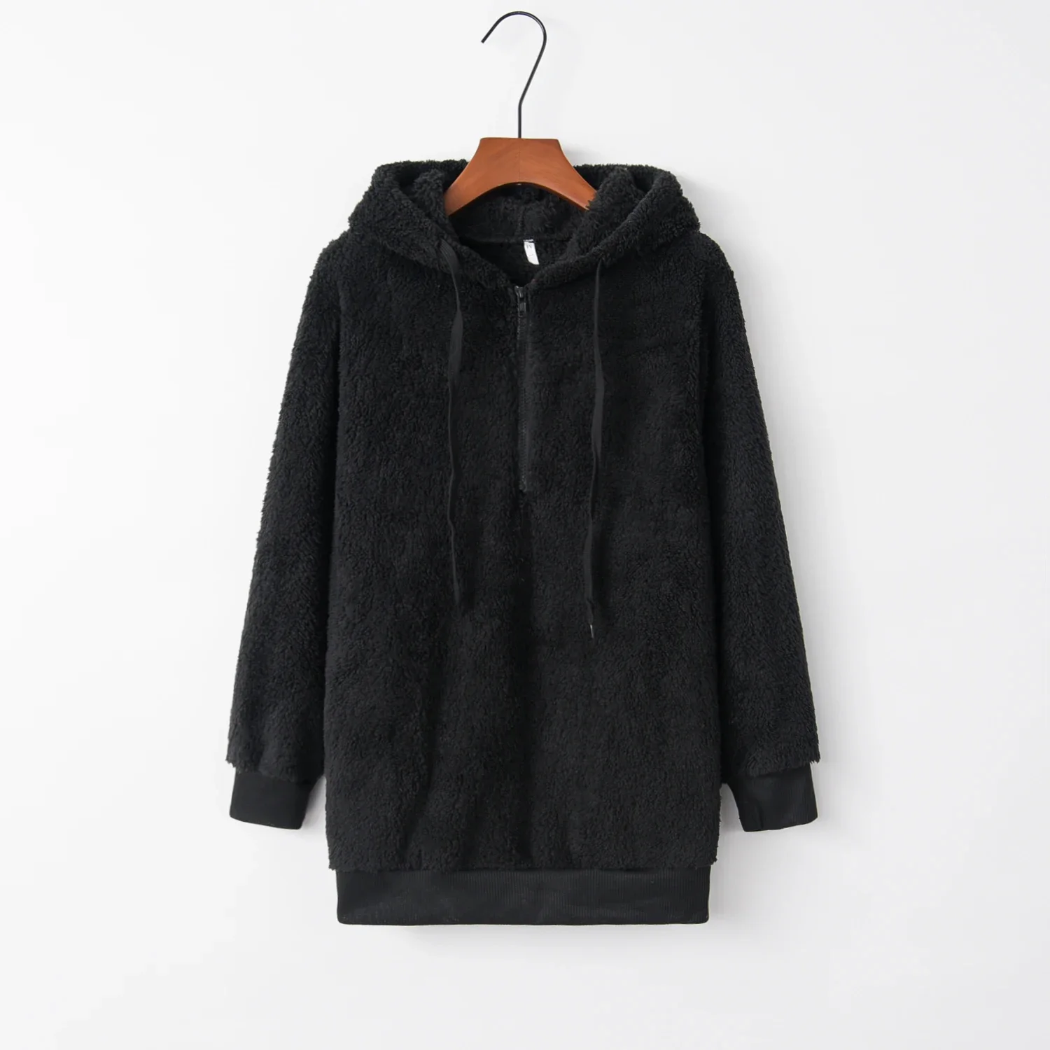 Damski sweter z kapturem monochromatyczny długi rękaw Czarny