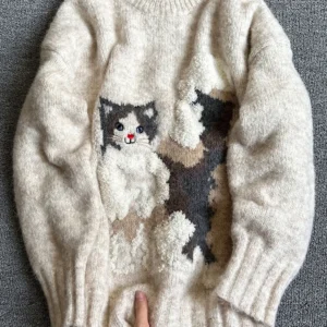 Damski sweter z kotem w stylu Y2K - miękki ciepły pulower Szary