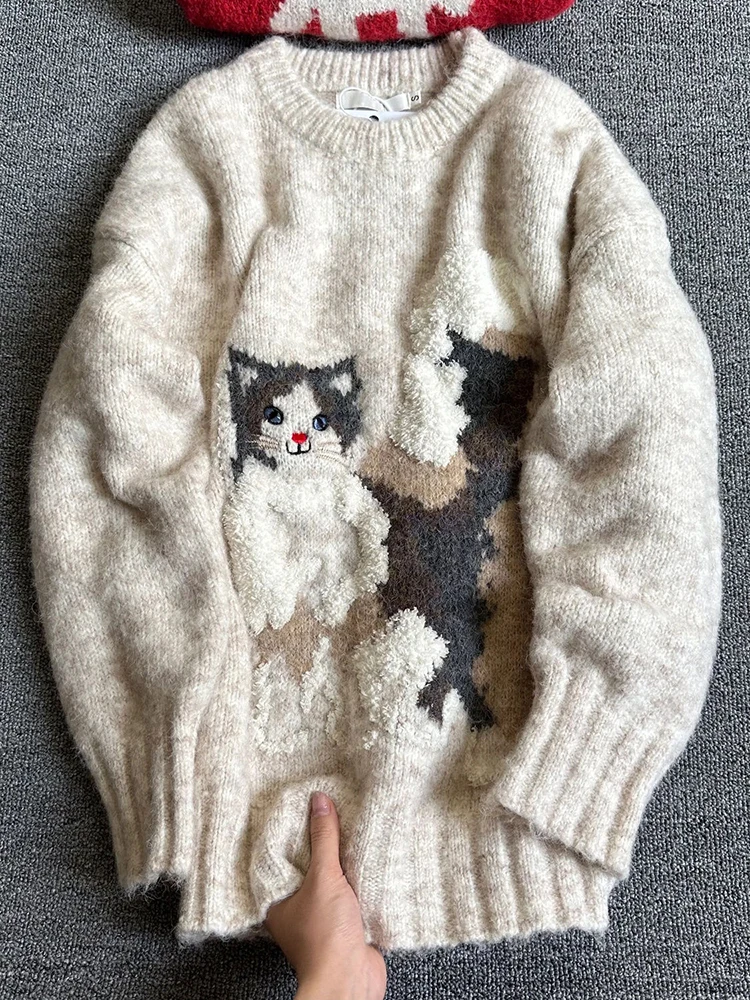 Damski sweter z kotem w stylu Y2K - miękki ciepły pulower Szary