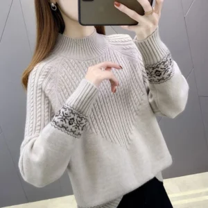 Damski sweter z wełny merynos z półgolfem Khaki