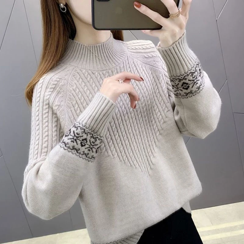 Damski sweter z wełny merynos z półgolfem Khaki