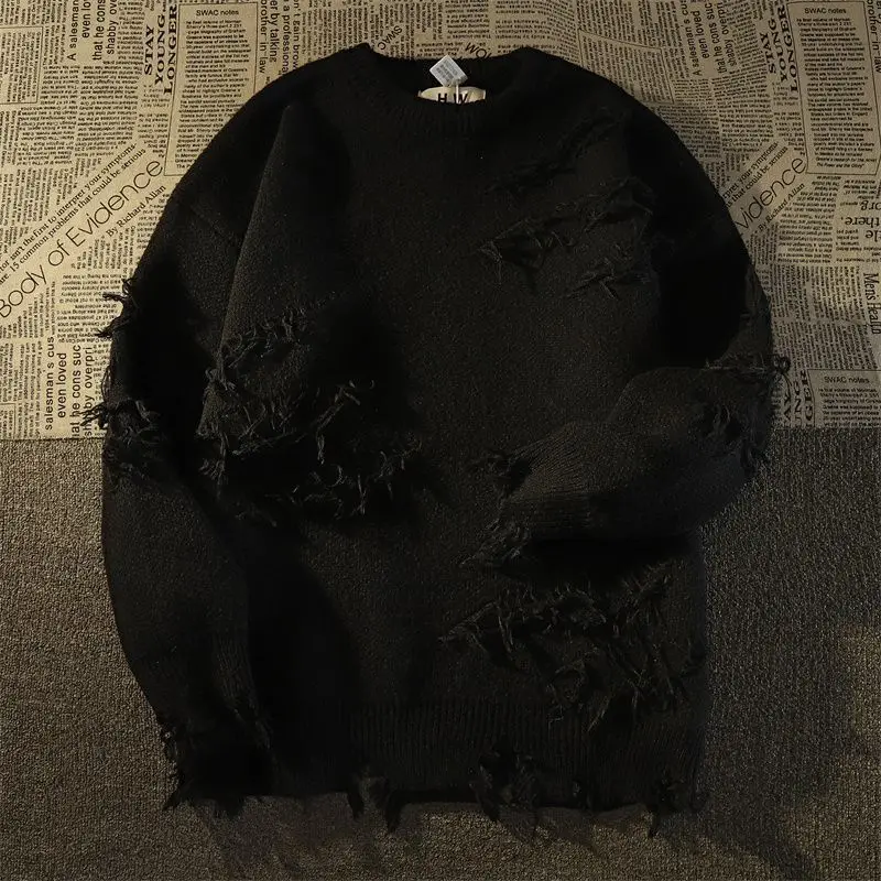 Damski sweter oversize z dzianiny z frędzlami Czarny