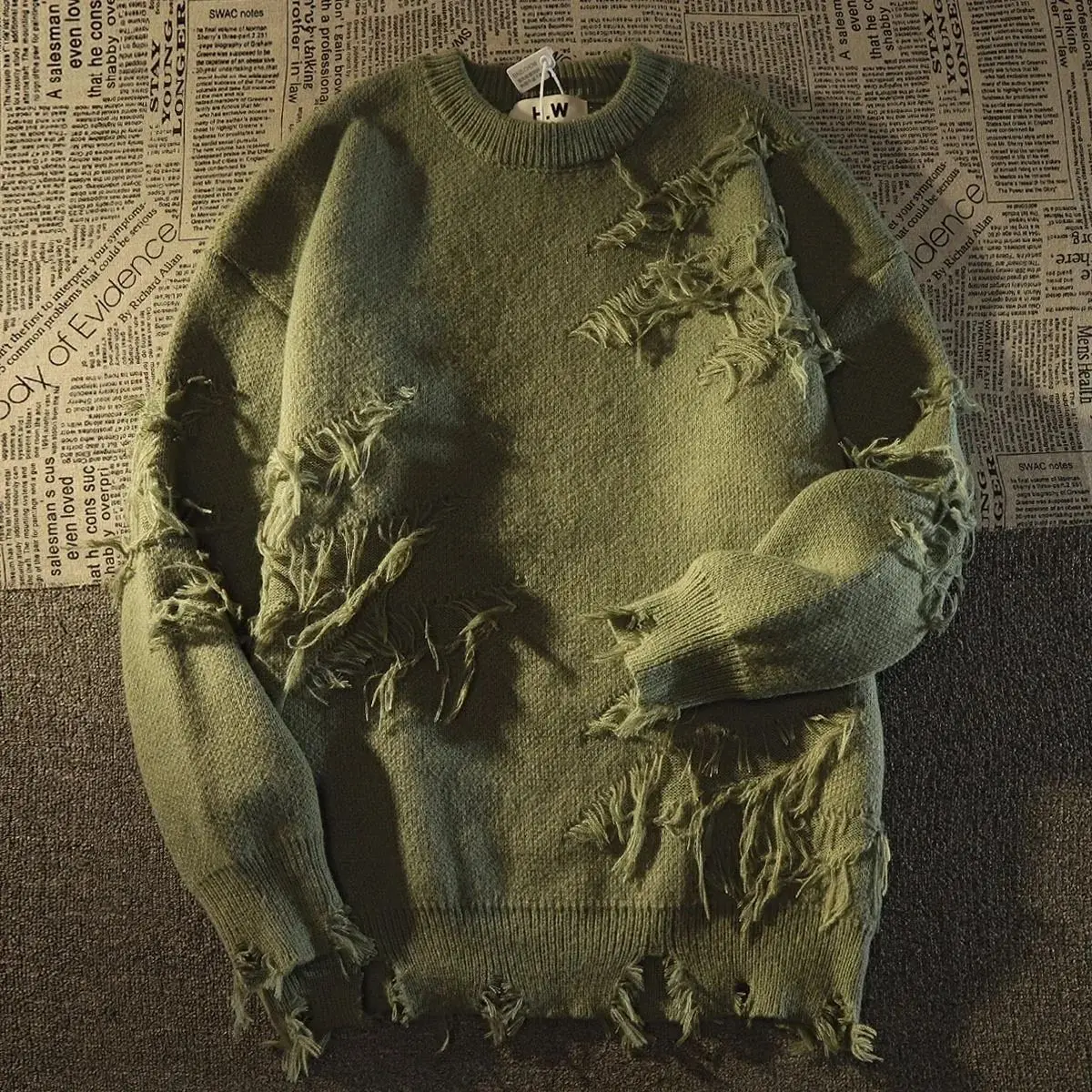 Damski sweter oversize z dzianiny z frędzlami Zielony