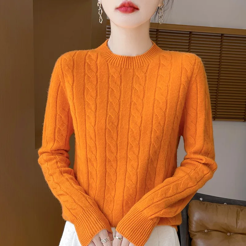 Damski sweter z dzianiny z wełny merino z okrągłym dekoltem Cheng wq