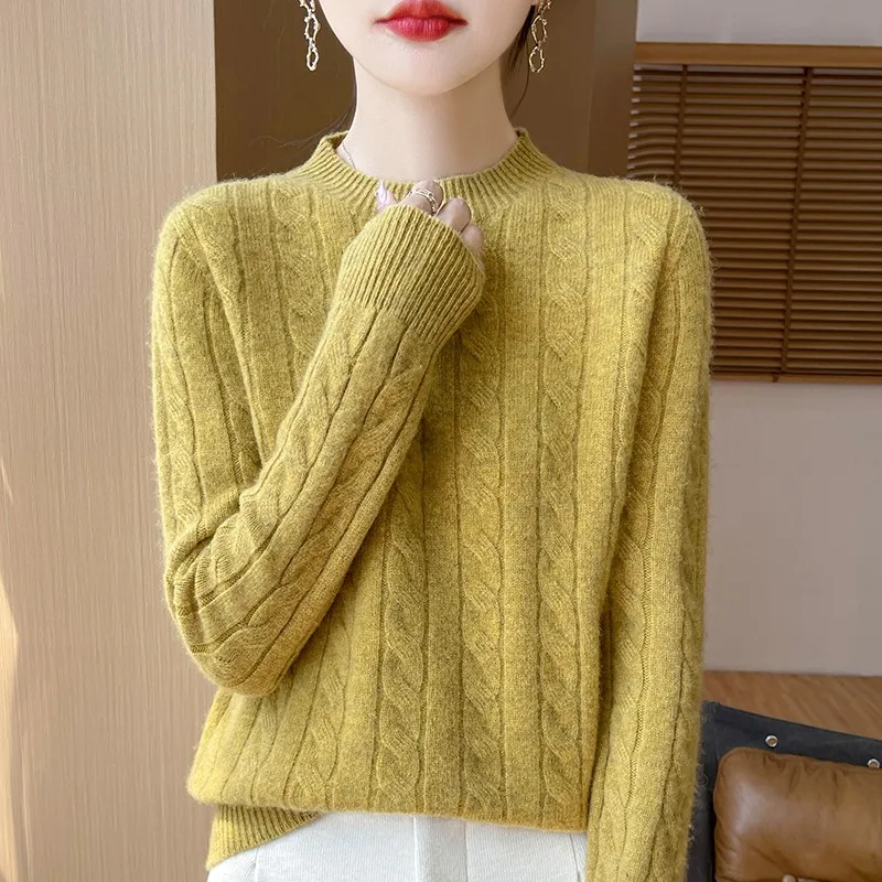 Damski sweter z dzianiny z wełny merino z okrągłym dekoltem Jie huang wq