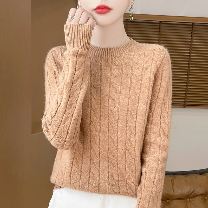 Damski sweter z dzianiny z wełny merino z okrągłym dekoltem Jin tuo wq